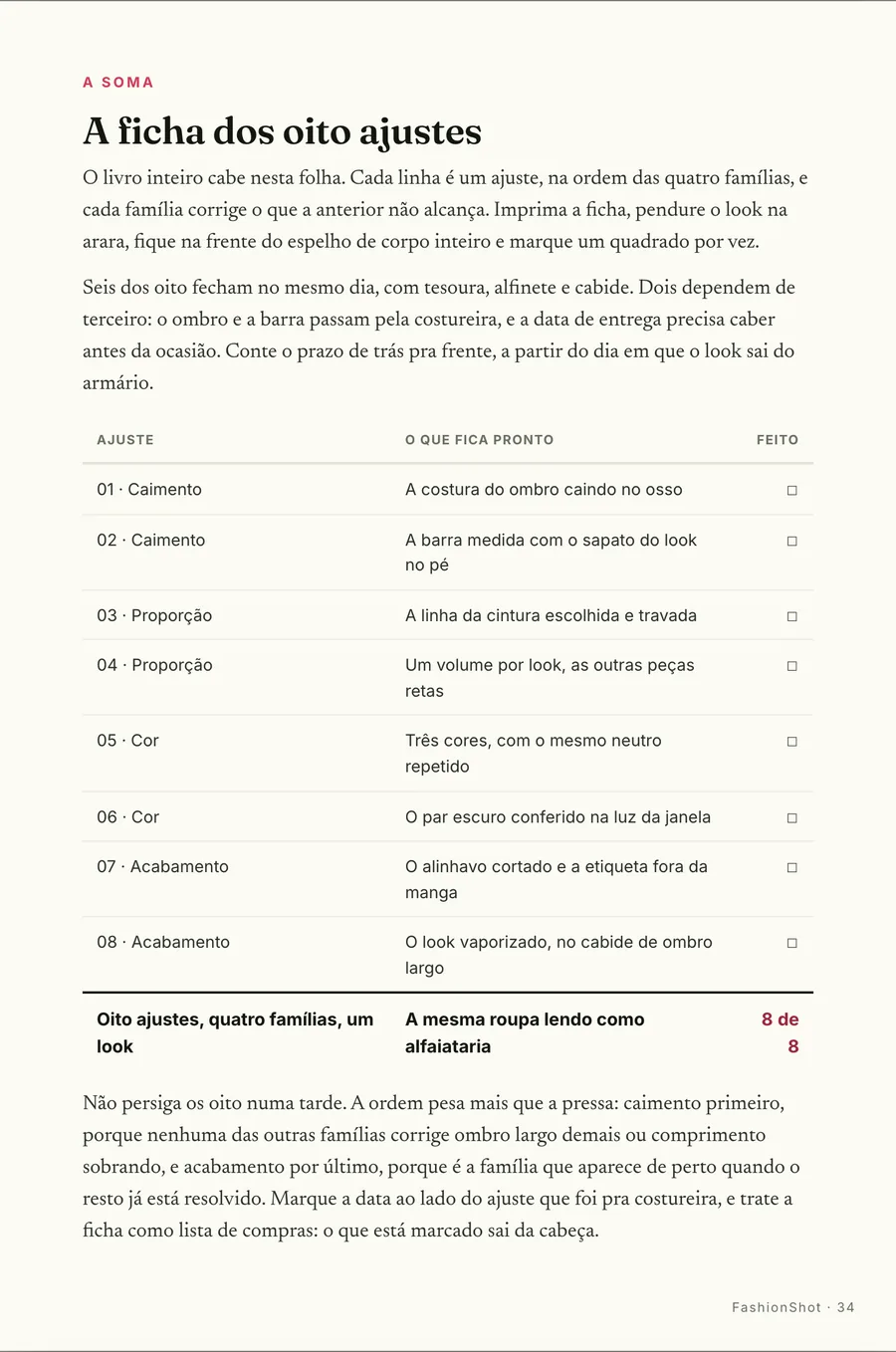 A ficha: A ficha dos oito ajustes: imprime, pendura o look na arara e marca um quadrado por vez